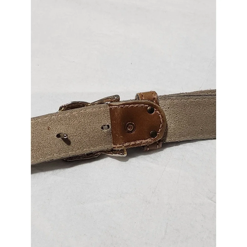 Vintage Anne Klein Calderon Leather Belt Gold Lion Head Buckle Medium Brown Tan